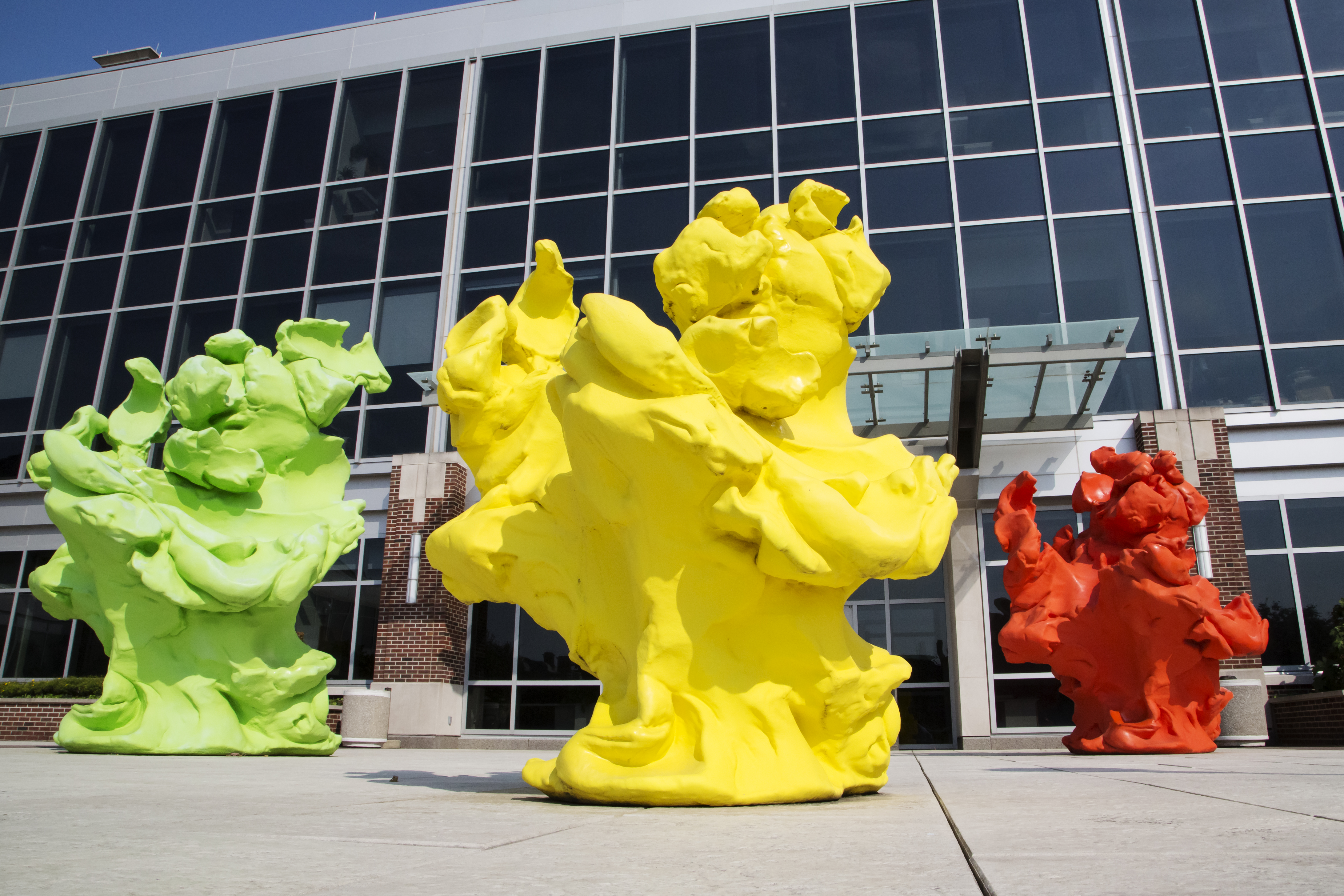 Genome sculptures in front of the Institute for Genomic Biology