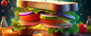 AI-generated sandwich surrounded by molecular shapes